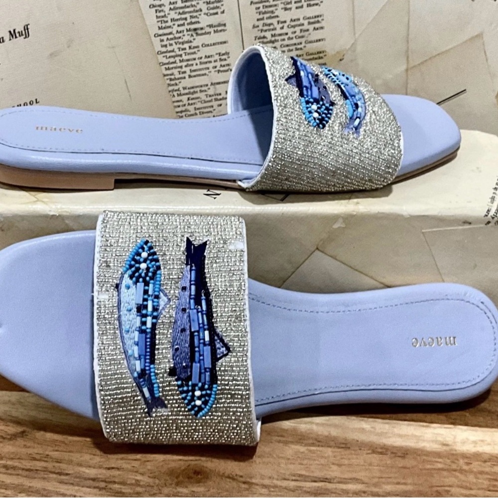 Anthropologie Maeve The Fiona Beaded Slide Sandals Beaded Fish Blue